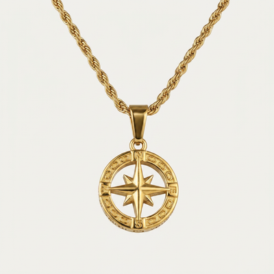 Colgante brújula para hombre Estrella del Viajero, acero 316L baño de oro 18k