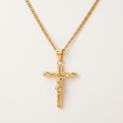 Colgante crucifijo Cristo Rey para hombre Christus Rex, acero 316L baño de oro 18k