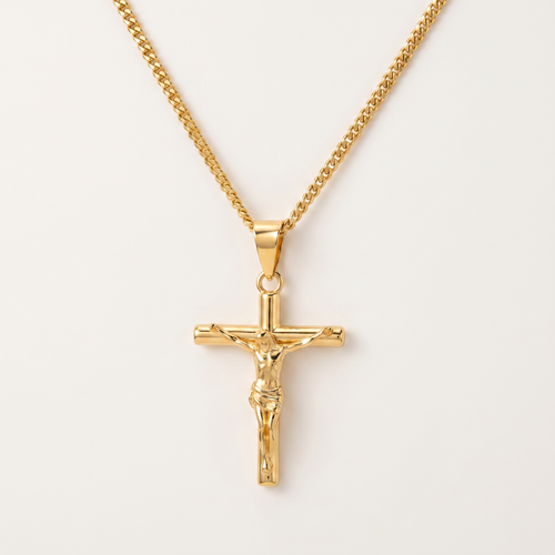 Colgante crucifijo Cristo Rey para hombre Christus Rex, acero 316L baño de oro 18k